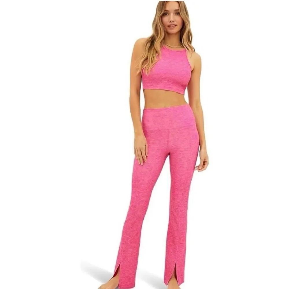 Beach Riot Active Alani Yoga Pants Ribbed Slit Front Hem in Pink Size Large